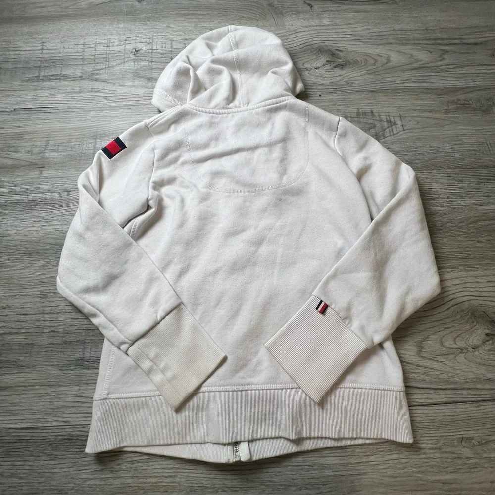 Tommy Hilfiger Zip Up Hoodie‎ Womens XS White Anchor Nautical Logo Sweatshirt
